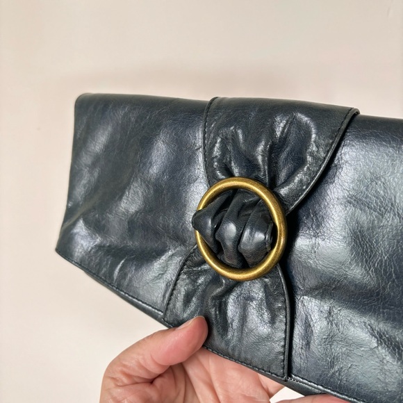 Hobo International Leather Fold Over Bow Clutch Dark Navy - Picture 15 of 16